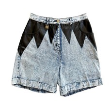 Coqueta Vintage Acid Wash Denim Shorts Black Faux Leather Yoke High Waist Sz 34