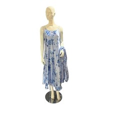 Oscar de la Renta Pink Label Blue Floral Satin Nightgown  Robe Set Large Y2K