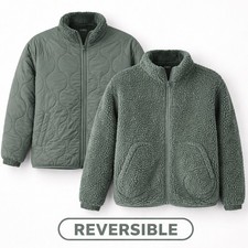 Kids Reversible Sherpa Quilted Jacket Sage Green Full Zip Size 10/12 AS-IS