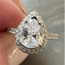 Pear-Cut Diamond Halo Engagement Ring 925 Sterling Silver Size J 2mm Band