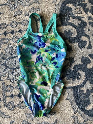 NIKE girls one piece cut out back green and blue floral swimsuit racing training - Picture 1 of 9