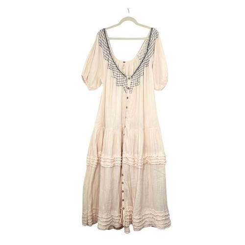 Maxi Vestido Free People Sunday Stroll Bordado Bohemio Botón Frontal Crema XL