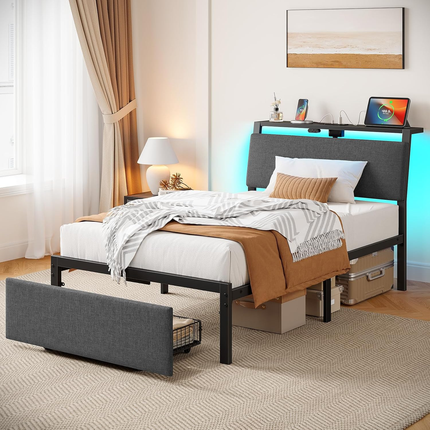 Twin Bed Frame with Ergonomic Headboard Storage & Charging Station, Upholstered