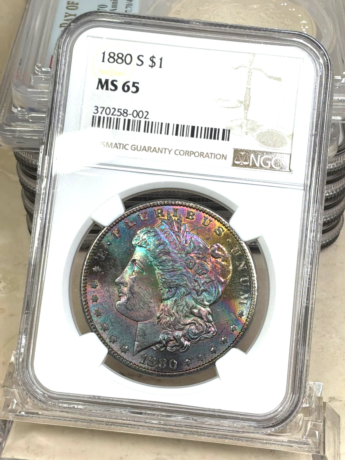 1880 S Morgan, silver dollar NGC MS 65 RAINBOW TONED KALEIDOSCOPE GEM VIDEO