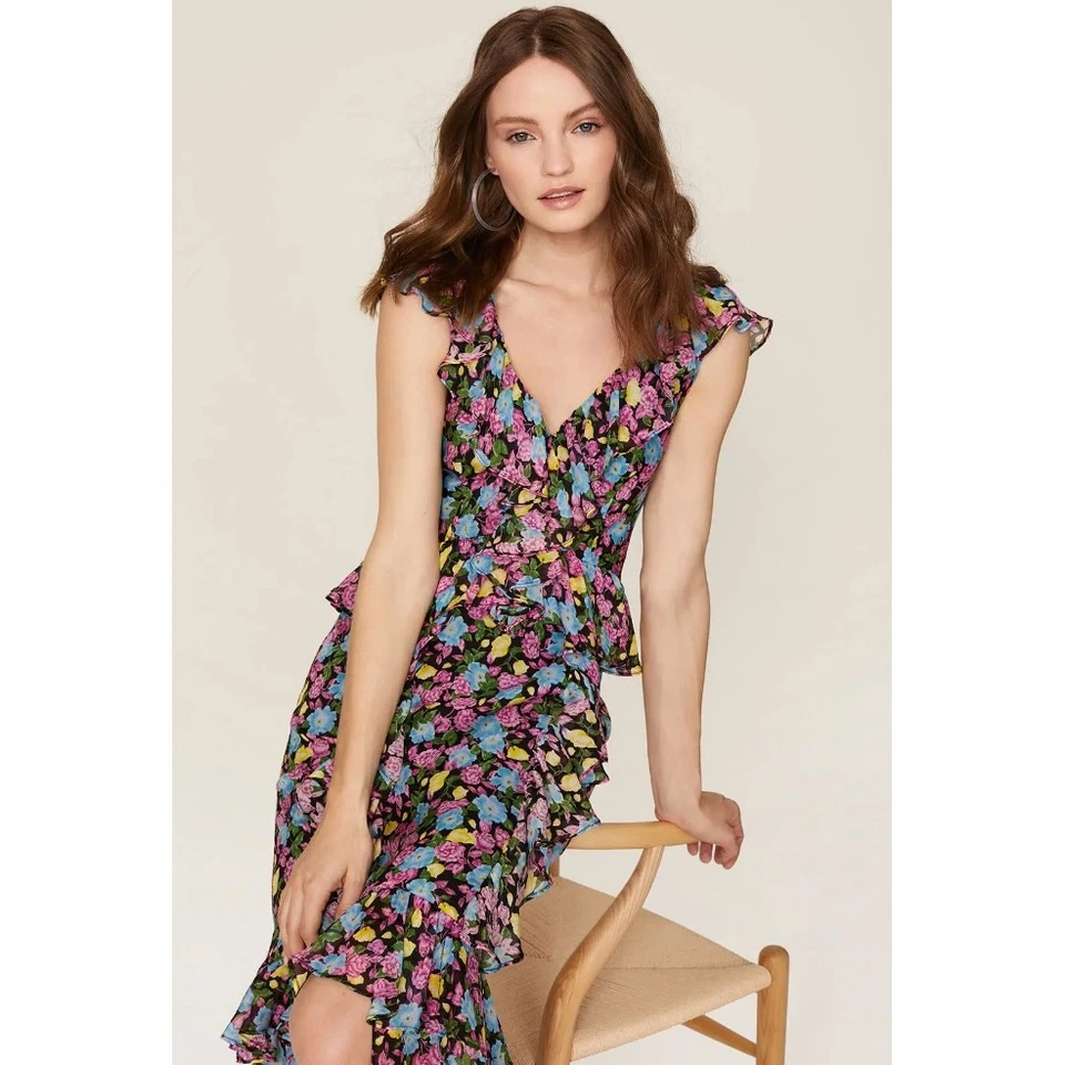 Amur Dress Women 2 Black Pink Blue Evita Maxi Floral Print Chiffon V Neck Ruffle - Image 2 of 4