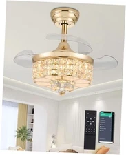 30" Crystal Chandelier Ceiling Fan, Dimmable Retractable Ceiling Fan 30G Gold