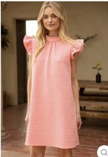 Voy Pink Chiffon Textured Knit Shift Dress Ruffle Sleeve Women’s Size Large