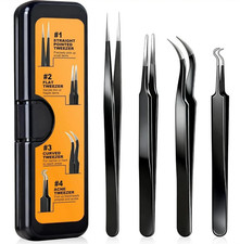 Precision Tweezers Set 4 Pack Fine Point Curved Flat Angled for Crafts Electroni