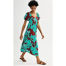 5508)Nine West XL Teal Oleander Short Puff Sleeve Baby Doll Peasant Maxi Dress