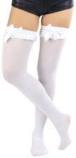 ToBeInStyle Women's Nylon Satin Ruffle  Trim Bow Thigh Highs One Size, White
