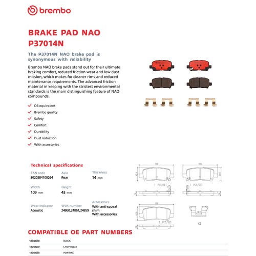 Kit Pastillas Freno Cerámicas Traseras Brembo P37014N para 2004-08 Grand Prix / 11-16 Impala - Imagen 3 de 11