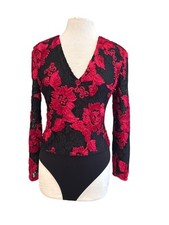 Express Black Red Floral Lace Long Sleeve V-Neck Bodysuit Womens M