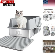 XL Stainless Steel Cat Litter Box Extra Large Litter Pan High Side w/ Scoop Mat