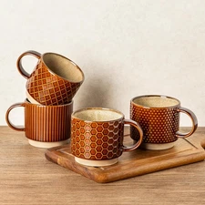 GBHOME 12 OZ Stackable Coffee Mugs, Ceramic 12oz(No Stand), Caramel 