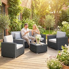 Rattan Garden Furniture Set with Wide Armrests, Cushions, Pillows, Dark Grey