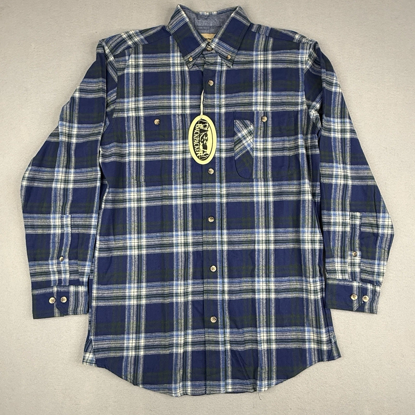 Backpacker Plaid Button Down Shirt Mens M Blue Green Cotton NWT Outdoor