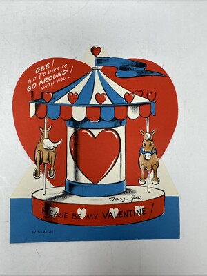 Vintage Valentine Card Horse Carousel Merry go Round 6.5''