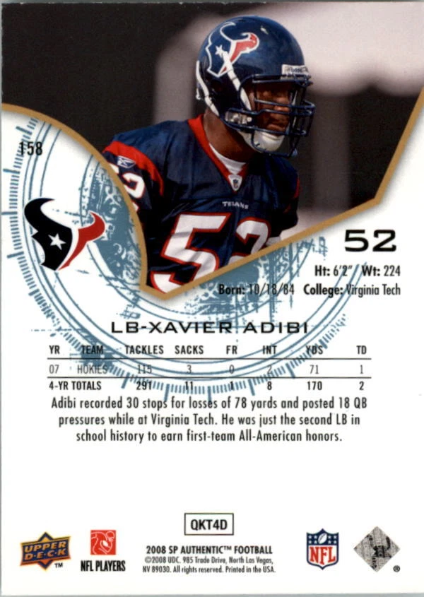 A9670- 2008 SP Authentic #158 Xavier Adibi RC /1399 SAMPLE - Image 2 of 2