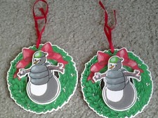 BASEBALL PLAYING SNOWMAN set of 2 Wooden Disc Vintage Ornaments new old stock