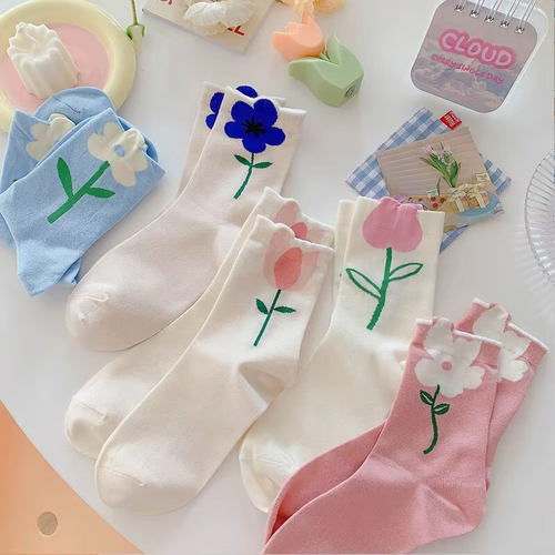 5 Pairs Retro Floral Middle Tube Socks Kawaii Casual Breathable Women's Wear HOT - Picture 2 of 7