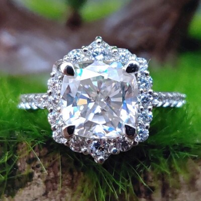 2.30 TCW Cushion Cut Moissanite Halo Engagement Ring In 14K White Gold Plated