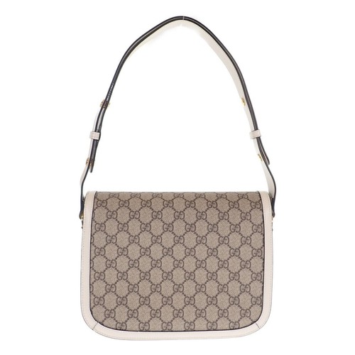 GUCCI Horsebit 1955 Shoulder Bag GG Supreme Canvas White Leather Ebony TGIS - Picture 3 of 13