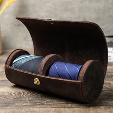 Vintage Genuine Leather Tie Roll Display Case Travel Necktie Holder Storage Box