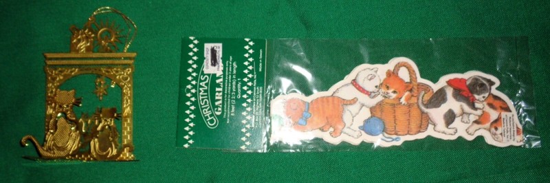 VTG Christmas Cat Garland and Gold Cat Ornament 1990s NEW