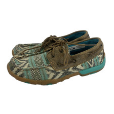Twisted X Canvas Boat Shoe Driving Moc Teal Pattern Lace Up WDM0133 Womens 6.5
