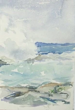 WAVES HITTING ROCKS ORIGINAL WATERCOLOR SEASCAPE PAINTING UNSIGNED 