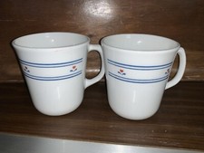 Corning Coffee Mugs /Cups White Country Hearts Blue Stripes Red Hearts 2