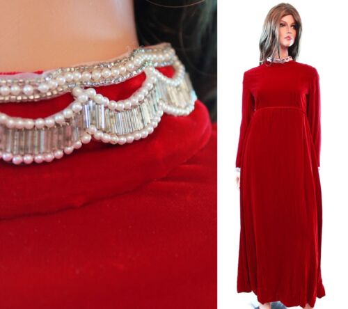 Vintage 70s Dress S Long Red Velvet Gown Juliet Costume White Silver Beaded - Picture 1 of 9