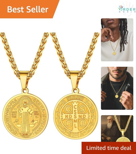 Alternate view of Men Women Gold Plated Saint Benedict Necklace Amulet