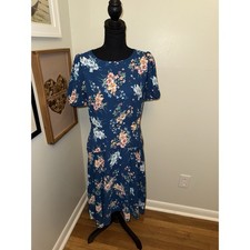 LOFT Dress Womens 4 Blue Floral Print Short Sleeve Midi Dress Fairy Flared