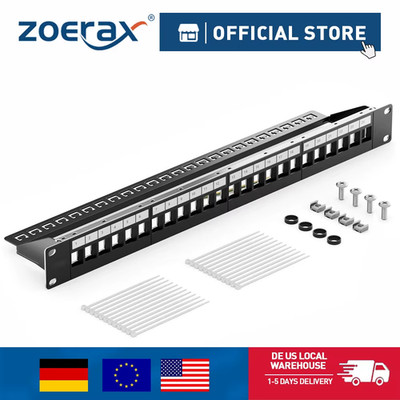 24-Port RJ45 Shielded Blank Patch Panel 1U 19'' Network Patch Panel with Cable Ma