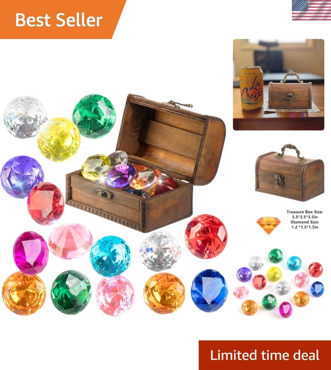 Diving Gem Pool Toy 15 Big Colorful Diamond Set with Big Treasure