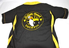 Hilton Bowling Shirt Chain Stitch 44 M Duck Pin Action Bowl Black Yellow Vintage