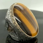 Men Tiger Eye Ring Large 925 Sterling Silver Ottoman Turkish Handmade Signet