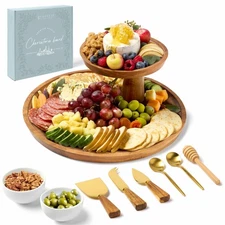 Charcuterie Boards Gift Set, Two-Tier Serving Tray Cupcake Stand Display (Bowls)