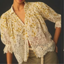 Anthropologie XS Cottagecore Lace Floral Blouse Romantic Top Prairie Peasant 