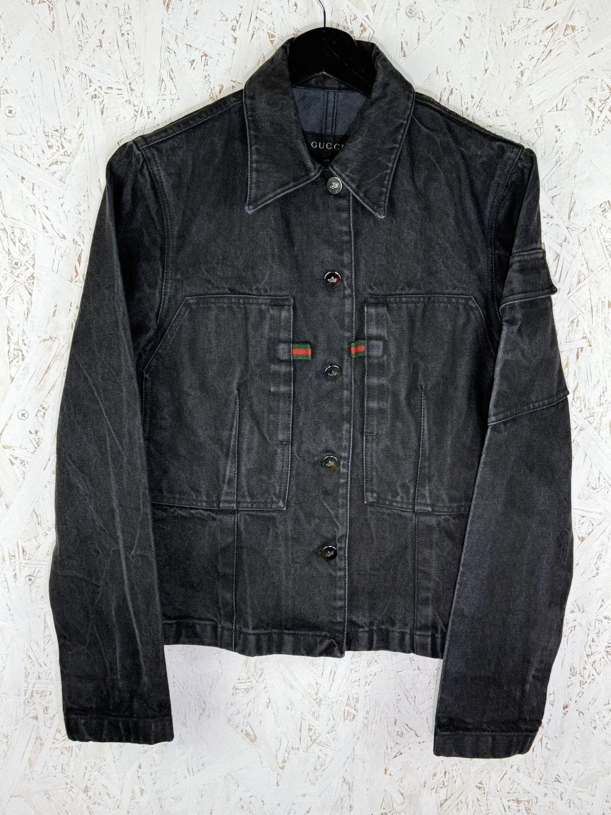 Tom Ford — Gucci Tom Ford AW1999 Web Trim Denim Jacket Black Size 40