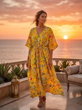 Indian Yellow Floral Handmade Cotton Kaftan Maxi Dress Womens Clothing Gown US