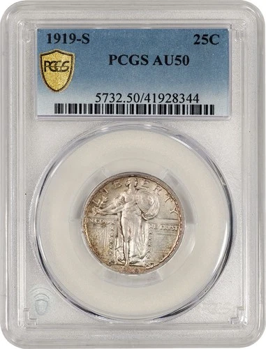 1919 S 25C Standing Liberty Quarter Silver PCGS Secure Gold Shield AU50 Coin