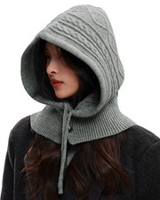 Knitted Balaclava Drawstring Hooded Scarf Hat Womens Beanie Skull Cap Winter ...