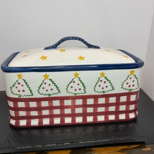 Porcelain Bread Box-Christmas Theme With Stars And Christmas Tree Adornments.  