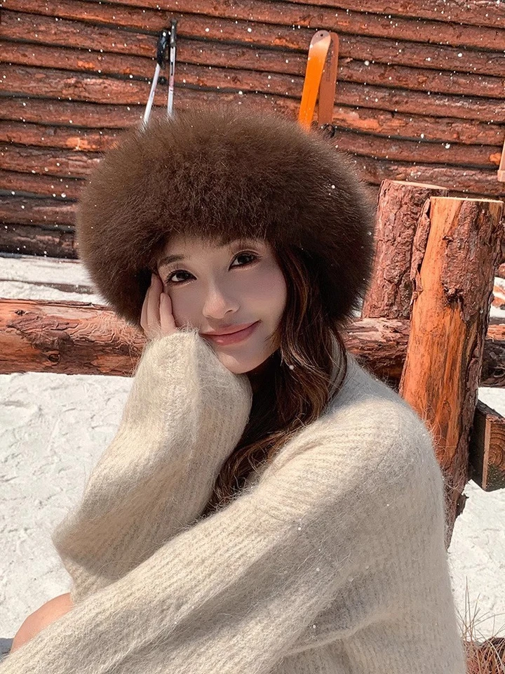 Sombrero de piel de visón real para mujer Sombrero de bombín Sombrero cálido Gorros Gorra de esquí con ala de piel de zorro Foto 2 de 4