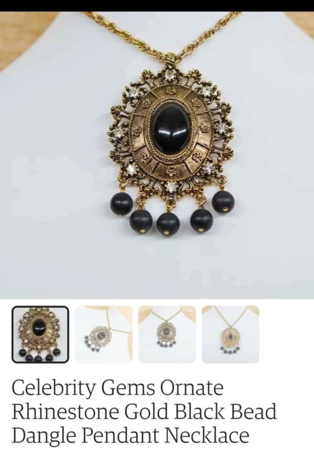 Celebrity Gems Ornate Rhinestone Gold Black Bead Dangle Oval Pendant Necklace