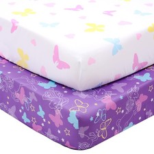 UOMNY Butterfly Crib Sheet Set, Girl Pink Purple Toddler, 2-Pack Fitted