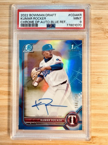 Topps 2022 Bowman Draft 1st Edition Kumar Rocker Blue Refractor Auto /150 PSA 9