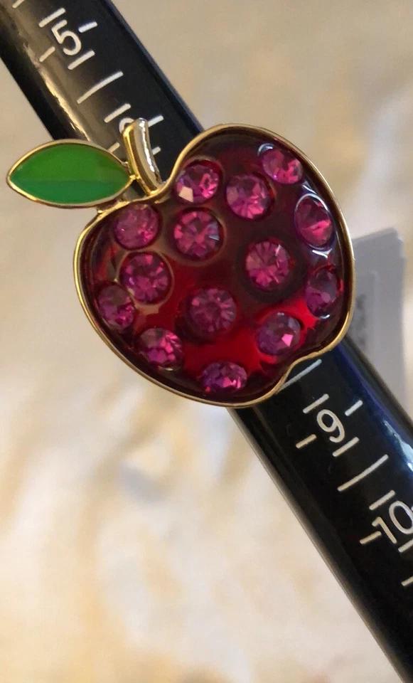 Betsey Johnson Gold Tone & Red Resin Apple Stretch Ring Pink Crystal Size 7.5 - Image 2 of 4